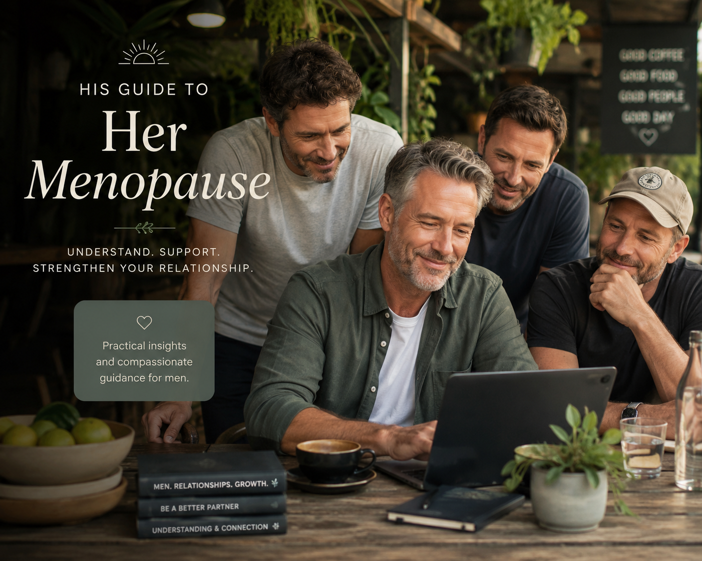 A group of men sitting together in warm conversation — His Guide to Her Menopause